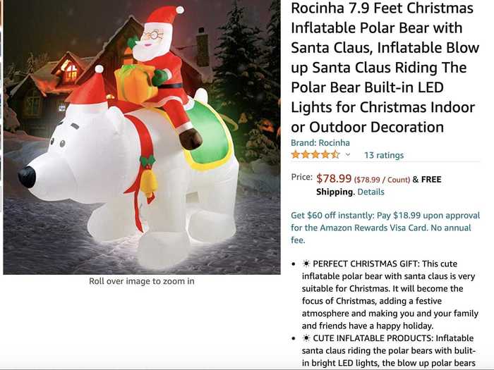 This inflatable features Santa bringing presents atop a polar bear from the North Pole.