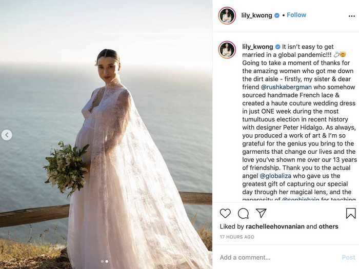 Model Lily Scout Kwong went for an elegant gown while marrying actor Nick Kroll.