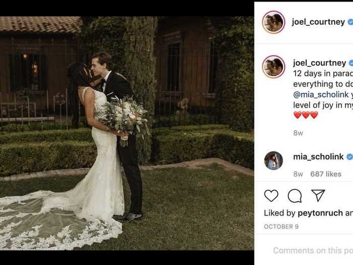 Actor Joel Courtney wed his longtime love Mia Scholink, who wore a stunning dress with a long train.