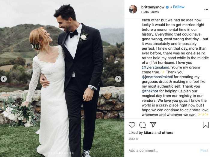 Brittany Snow chose a long-sleeved wedding dress for her big day.