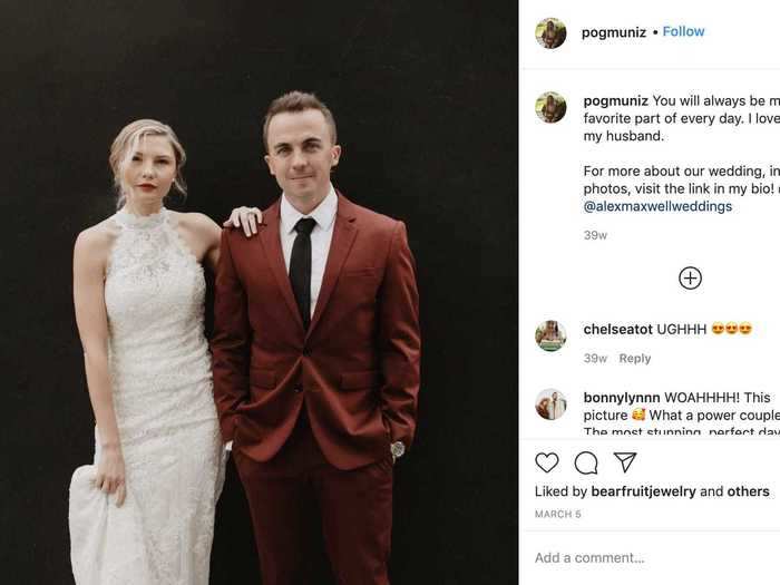 Frankie Muniz wore a red suit on his wedding day, while his wife Paige opted for a dress made from lace.