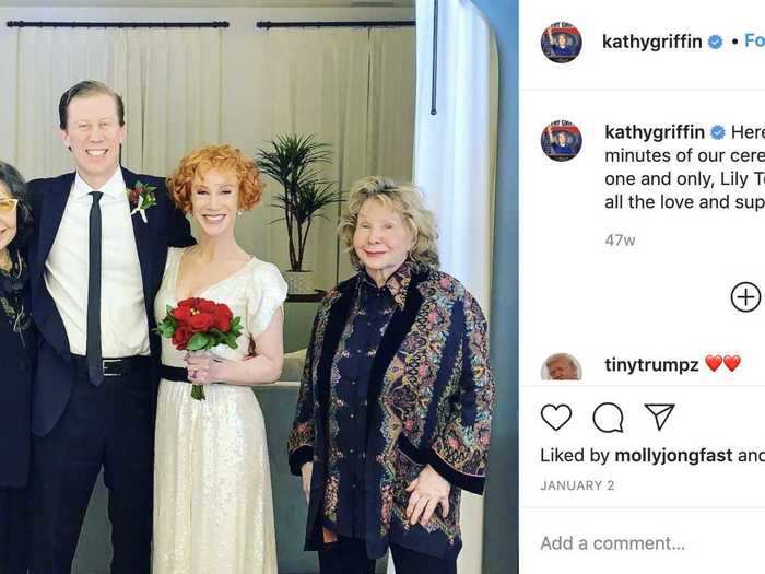 Kathy Griffin added a modern touch to her classic wedding dress that same day.