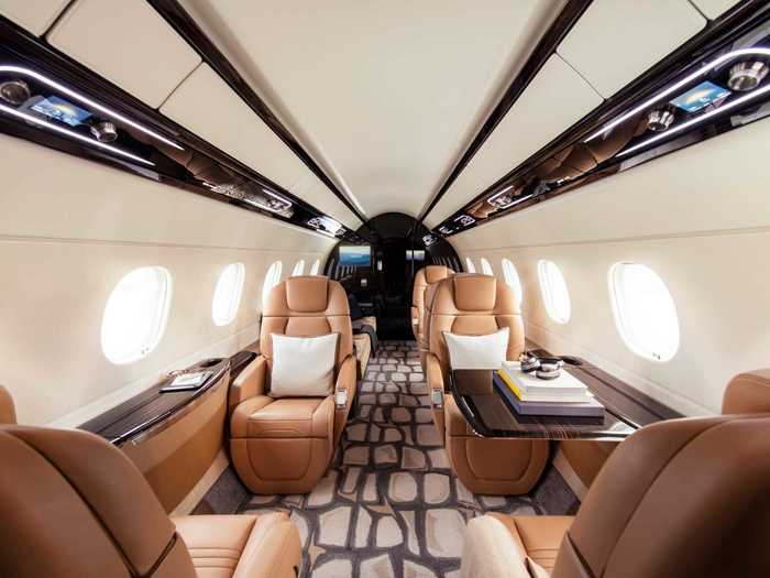 Inside the jet, Flexjet went for a nine-passenger configuration in the six-foot-tall cabin, common with super-mid jets.