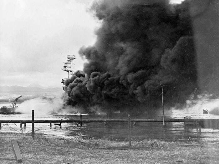 The damaged USS Nevada tried to escape to open sea but became a target during the second wave of 170 Japanese planes, hoping to sink it and block the narrow entrance to Pearl Harbor. The ship was grounded with 60 killed on board.