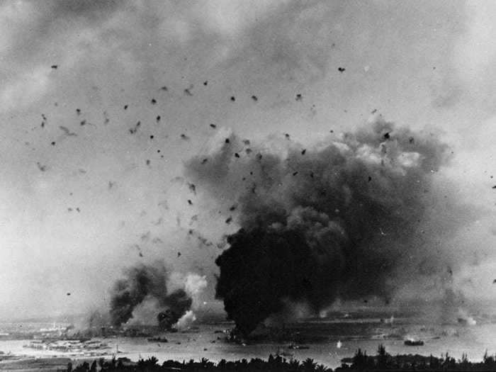 At about 8:10 a.m., the USS Arizona exploded as a bomb ignited its forward ammunition magazine. About half of the total number of Americans killed that day were on this ship.