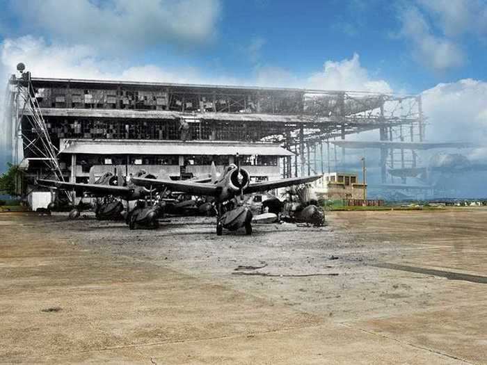Hangar 6 on Ford Island badly damaged after the attack on Pearl Harbor.