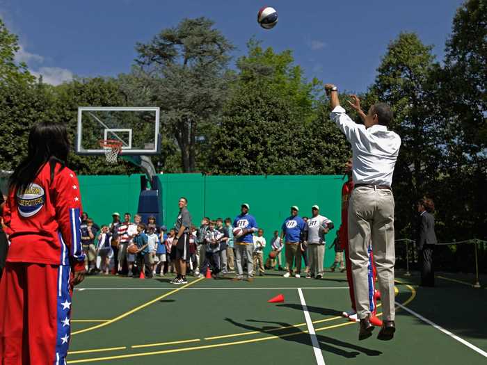 Barack Obama had the White House tennis court adapted for full-court basketball with painted lines and removable basketball hoops.
