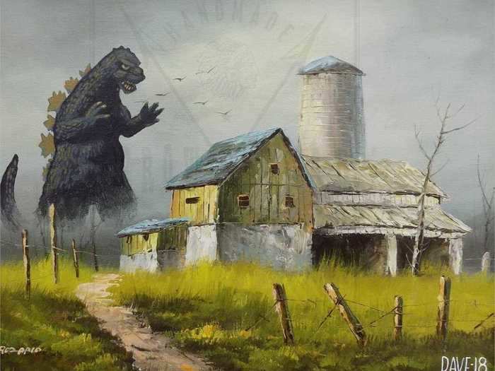 He started by adding a few Ewoks to a painting and Sherrill said that sold "relatively quickly." Encouraged by this, he added Godzilla to another painting, which also sold.