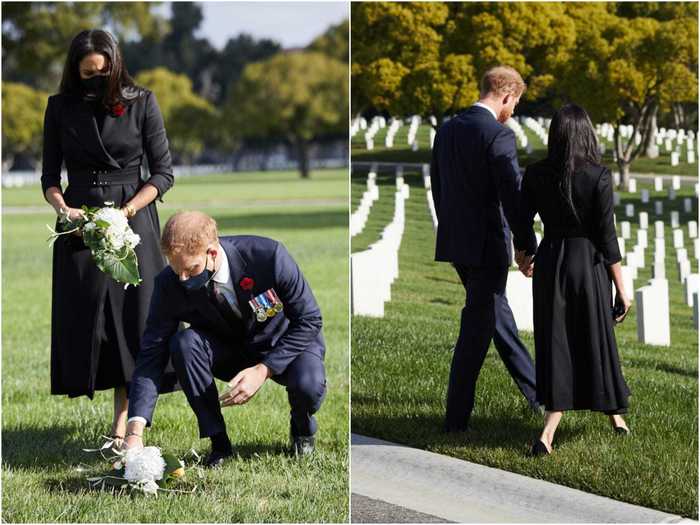 November: The Duchess of Sussex visited a Los Angeles cemetery on Remembrance Sunday wearing a custom black jacket dress by Maxwell Brandon.