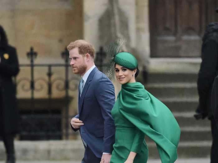 March: For the final day of their royal engagements, Markle wore a green cape dress by Emilia Wickstead and a matching William Chambers fascinator.