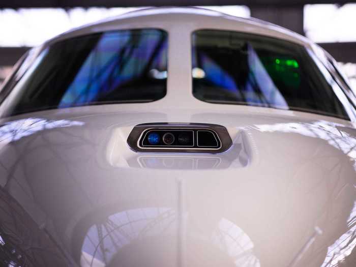 Sensors on the nose provide data to the display and help pilots see runways and terrain through the clouds and at night.