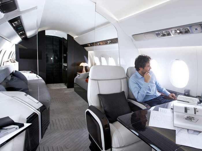 The section is typically found on wide-cabin private jets and features a large table that can be used for work or to dine.