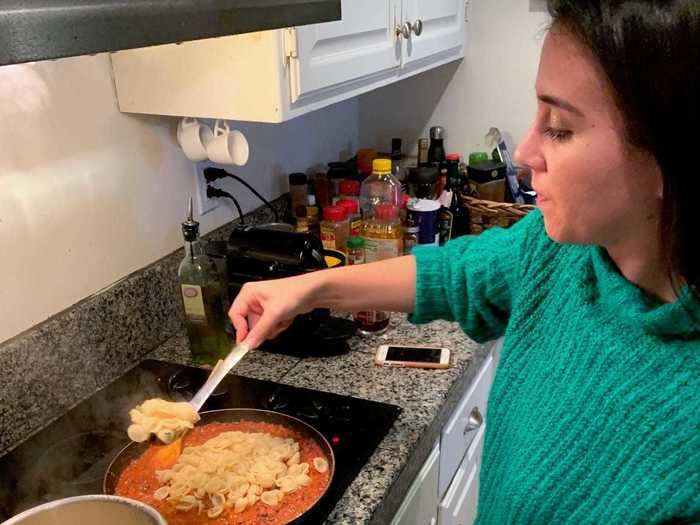 Once the pasta was cooked, I used a slotted spoon to transfer the shells to my sauce.