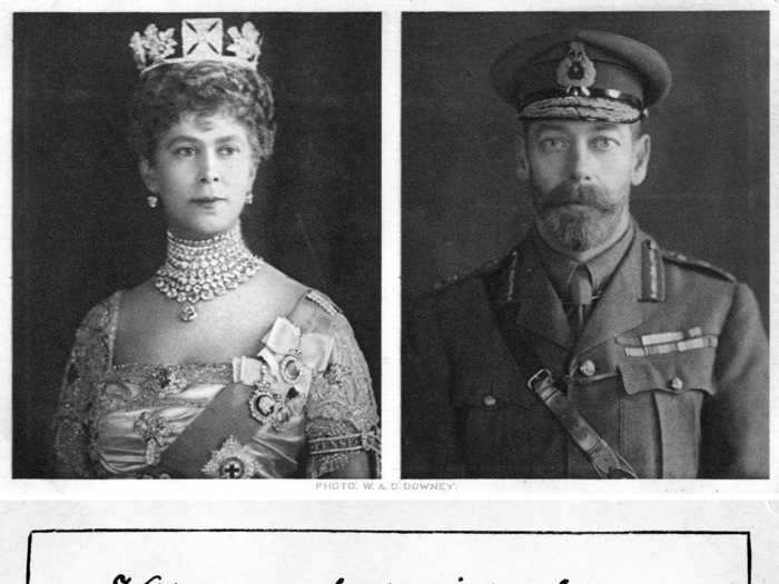 1914: King George V and his wife, Mary, sent these stoic portraits to British troops to send their "best wishes for Christmas."