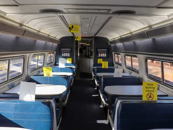 In the cafe car, the dining area was closed for all riders as part of pandemic-related safety precautions.