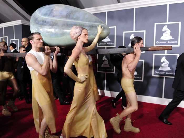 Lady Gaga arrived on the red carpet at the 2011 Grammys in a giant egg that made her appearance look like an actual piece of art.