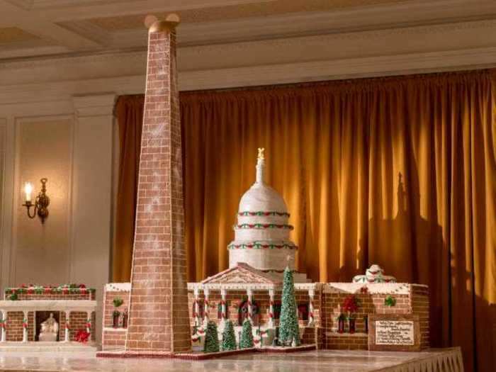 During the holiday season, the American Adventure at Epcot gets a special display that is made out of over 50 pounds of gingerbread.