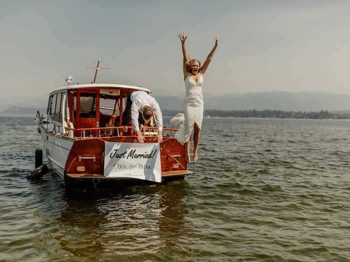 This bride and groom just wanted a dip after getting hitched in McCall, Idaho.