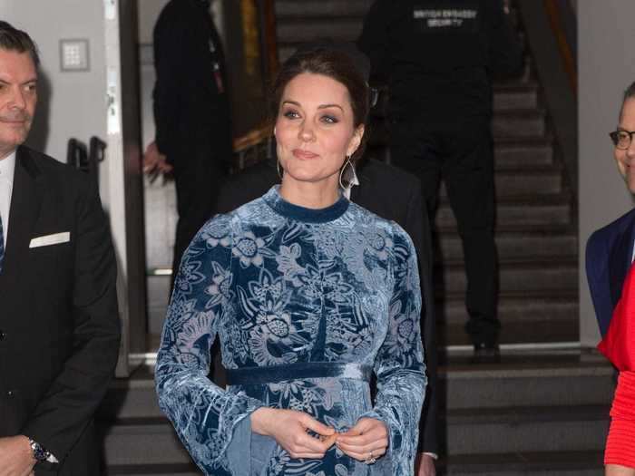 Middleton wore a blue velvet Erdem dress while visiting Sweden in January 2018.