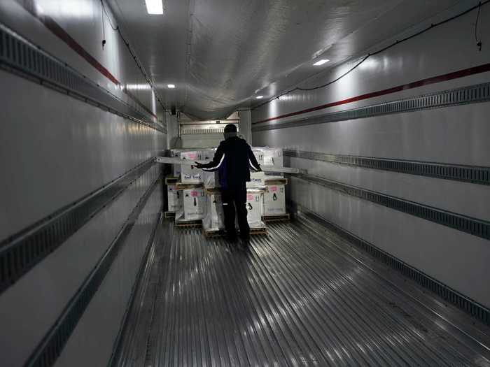 The first step of the transportation process is then loading the shipments onto refrigerated trucks.