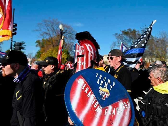 The Proud Boys also made appearances at political rallies this year, including a November "Million MAGA March" demonstration against the election results.
