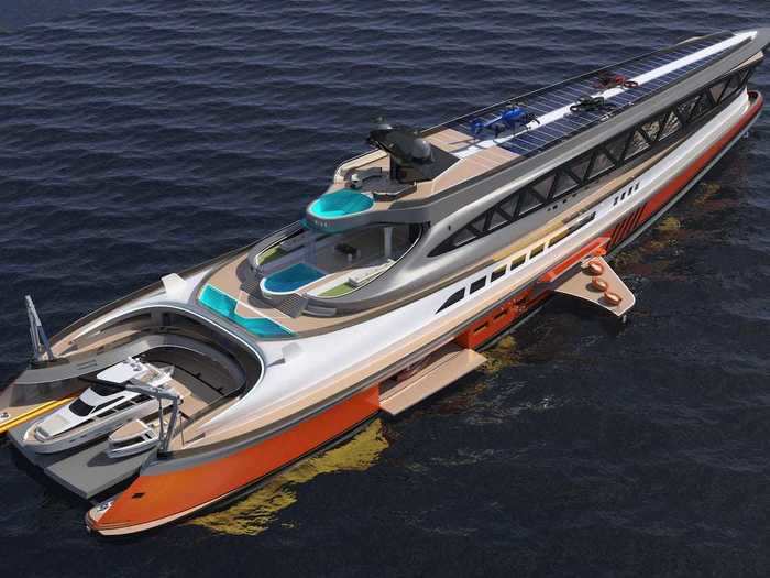 The yacht can hold around 40 guests with rooms on the lower floors ...