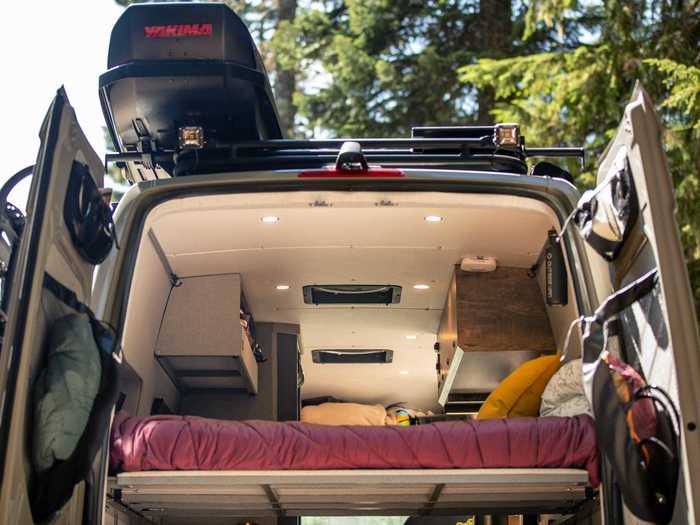 … although there are other storage systems throughout the van, including the "stuff sacks" on the rear door, cabinets, and under-bed storage.