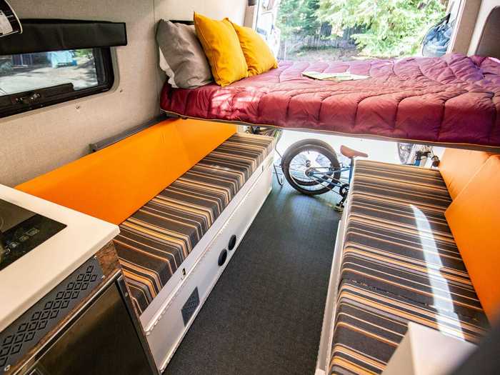 When the secondary lower bed is in its dinette seating mode, the space can seat up to six people.