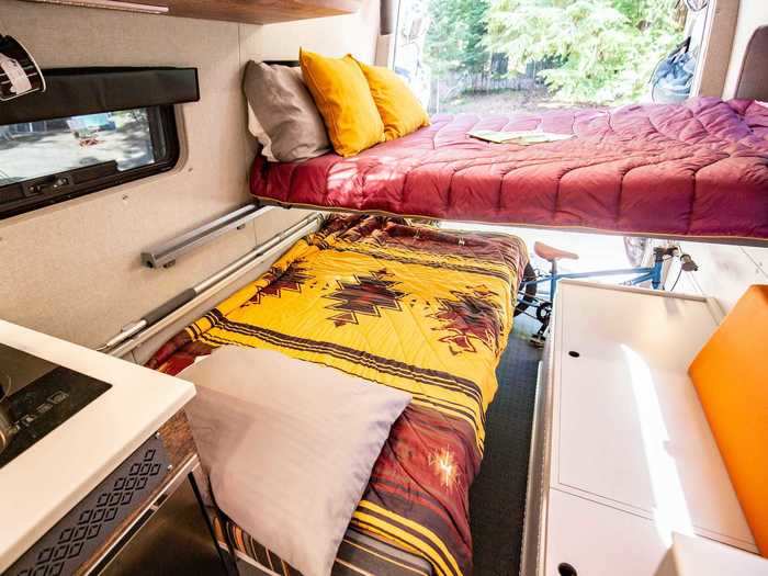 This system, accompanied by the convertible dinette bed, allows the van to sleep up to three people.