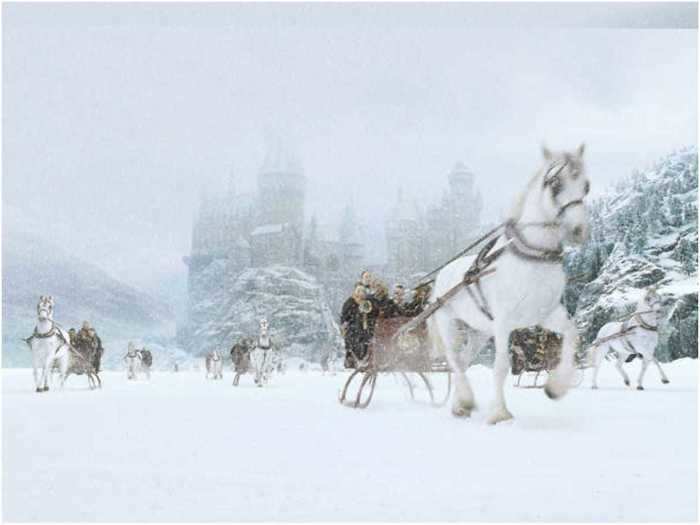 Horse-drawn sleighs carry students over the frozen lake in "Chamber of Secrets"