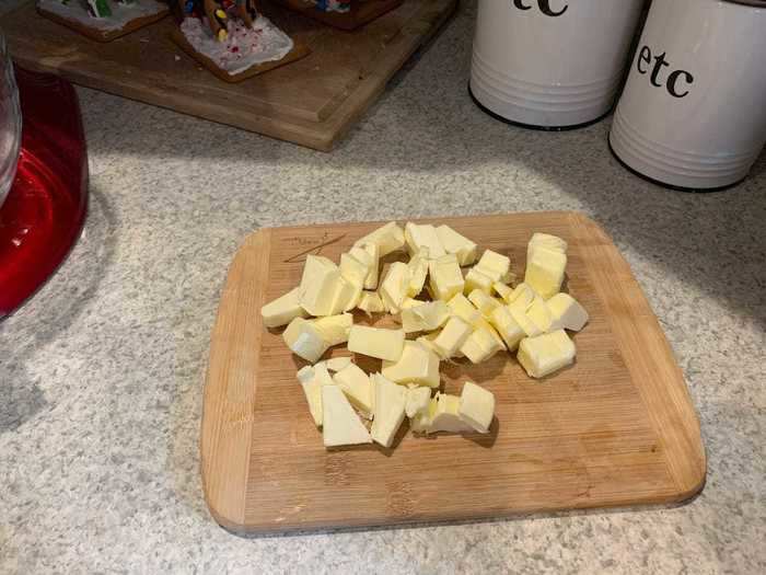 First, I chopped up my butter so I could start mixing my batter.