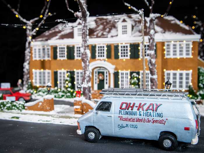 In total, the "Home Alone" house gingerbread replica included 63 trees, 33 windows, 14 pizza boxes, and six lamp posts.