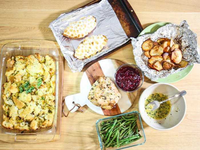 There are plenty of sides to load up your plate with, too. Think green beans cooked five different ways, mashed potatoes, cranberry sauce, gravy, some sort of gourde, and let