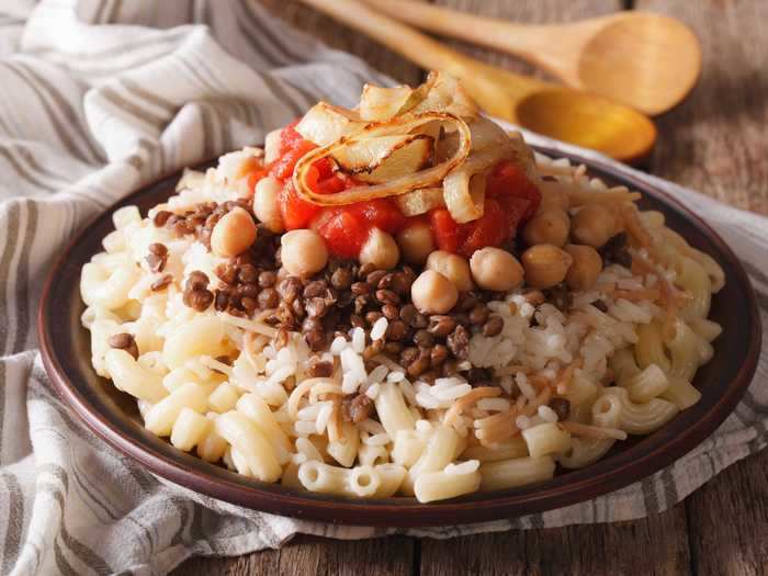 In Egypt, Christians often eat vegan for the three days leading up to Christmas. Kushari - a macaroni, rice, and lentil dish topped with a tomato-vinegar sauce - can become a staple during these days. The street food is also eaten on other holidays.