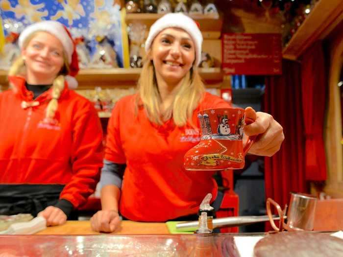 Celebrators in the festive spirit may drink a mulled wine called Glühwein out of decorated, sometimes boot-shaped mugs.