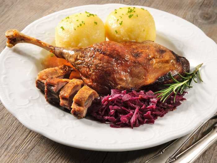 Germans tend to celebrate Christmas with a roasted goose, dumplings, and red cabbage.