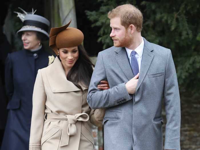 Meghan Markle looked festive at her first royal Christmas event before she and Prince Harry tied the knot.