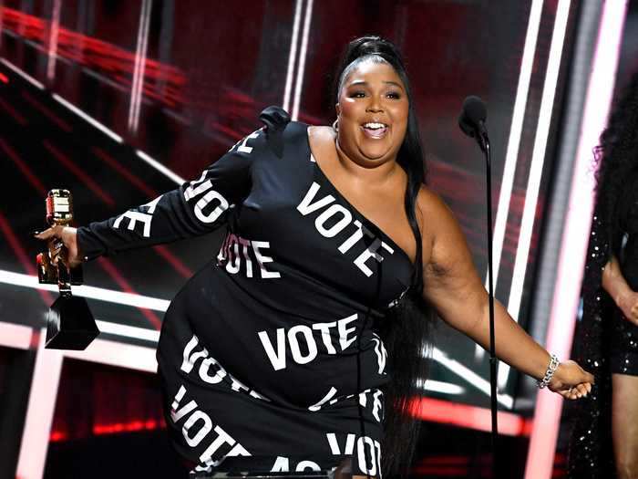 Lizzo wore a dress emblazoned with the word "vote" to the 2020 Billboard Music Awards.