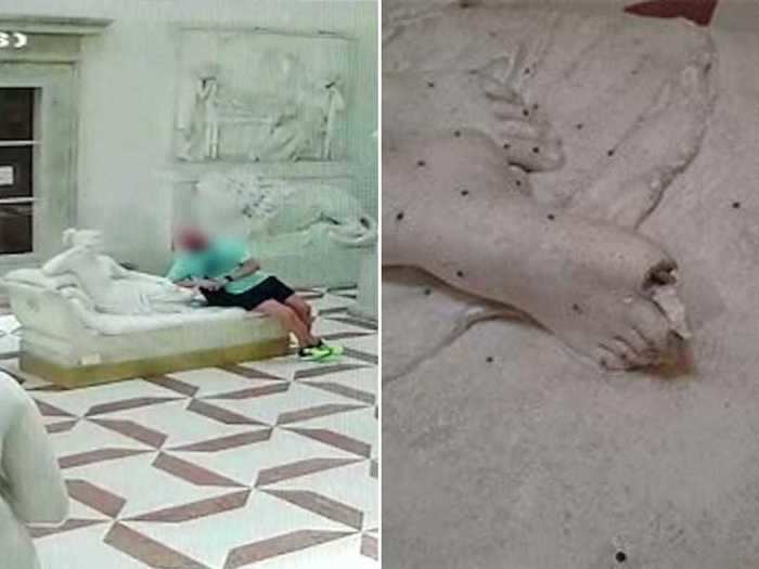 An Austrian tourist broke the toes off a 200-year-old Italian sculpture while posing for a photo.