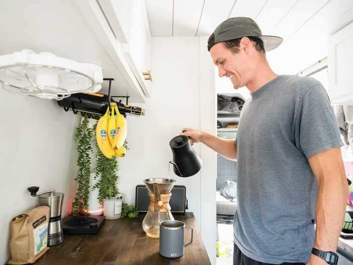 The couple repurposed the nook to serve as a coffee station, which is essential in any office environment.