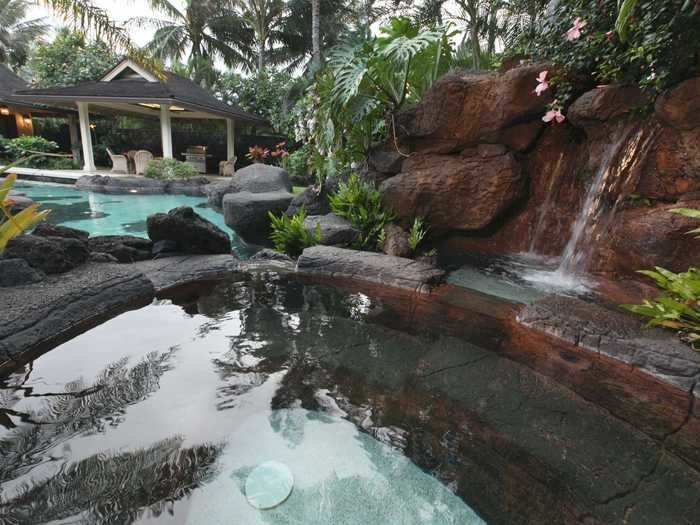 Elevated slightly above the pool is a hot tub with tropical waterfalls.