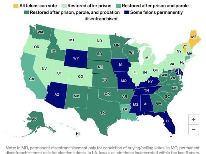 States have restored voting rights for thousands with felony convictions since 2016. These are the laws in every state.