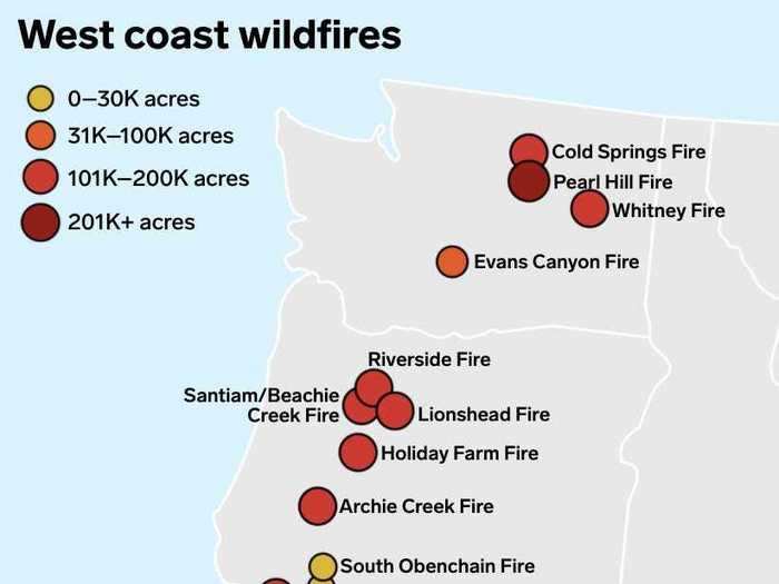 A color-coded map shows the biggest wildfires raging up and down the West Coast.