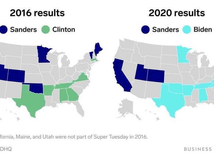 These maps show how much worse Bernie Sanders fared in the 2020 Super Tuesday primaries compared with 2016.