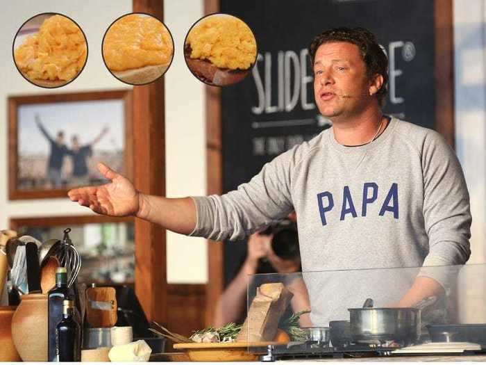 Jamie Oliver only uses salt and butter while cooking his English, American, and French-style scrambled eggs.