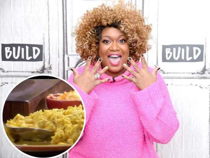 Sunny Anderson mixes a bit of water and lots of cheese into her scrambled eggs.