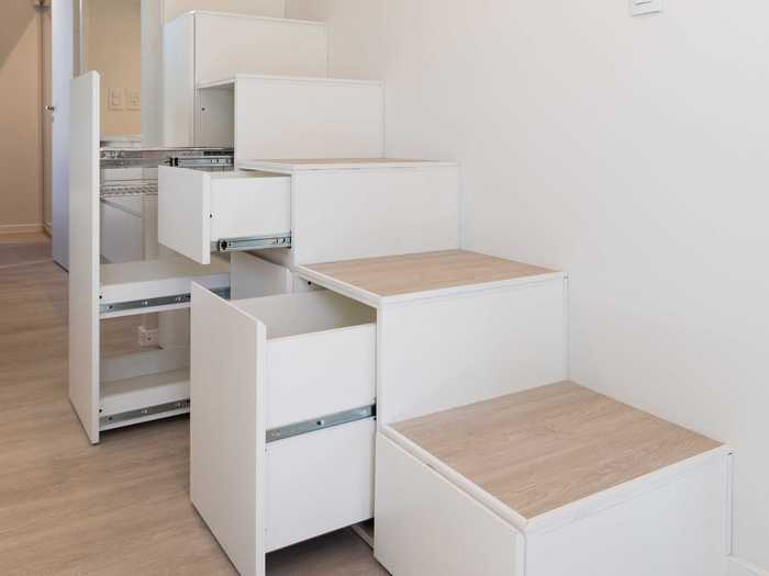 Hüga also has several storage units integrated throughout the interior, including closets in the bedroom, and  hidden storage units in the staircase leading up to relax room.