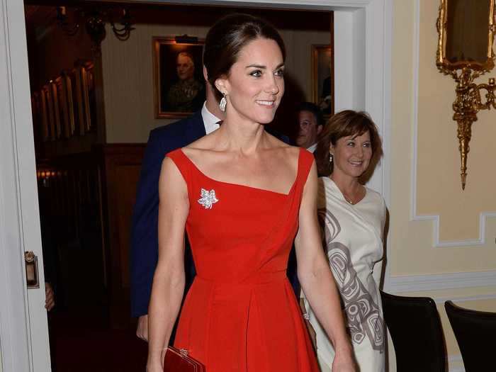 During her 2016 royal tour of Canada, Middleton attended a reception at the Government House wearing a bold red dress with the Queen