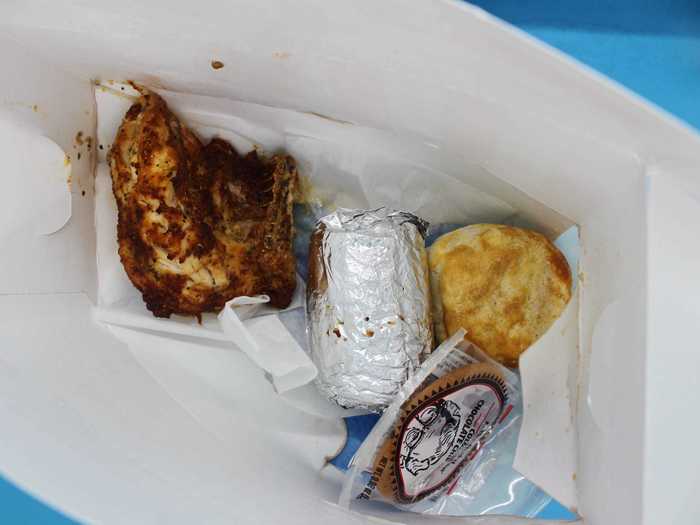 The meal came with a half ear of corn on the cob wrapped in foil, one biscuit, a cookie, and the grilled chicken breast for just $5.