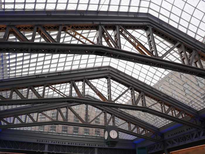 The trusses and columns are holdovers from the old post office and used to hold catwalks so inspectors could monitor the activity below.